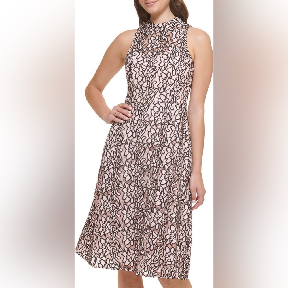Kensie Dress Pink Black Floral Lace Sleeveless Lined Fit & Flare Bra 16 NWT
